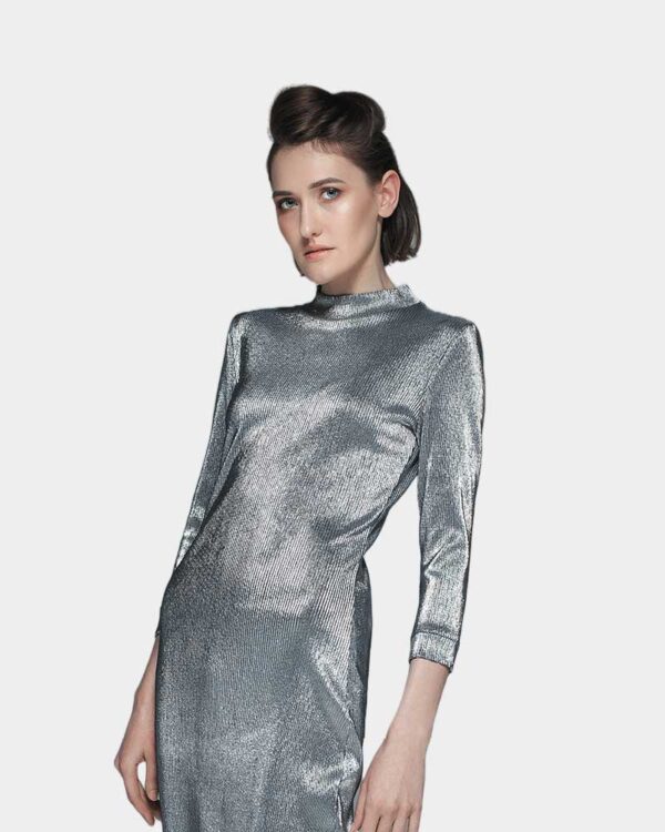 Cable knit cut out one sleeve midi dress in camel - Image 3